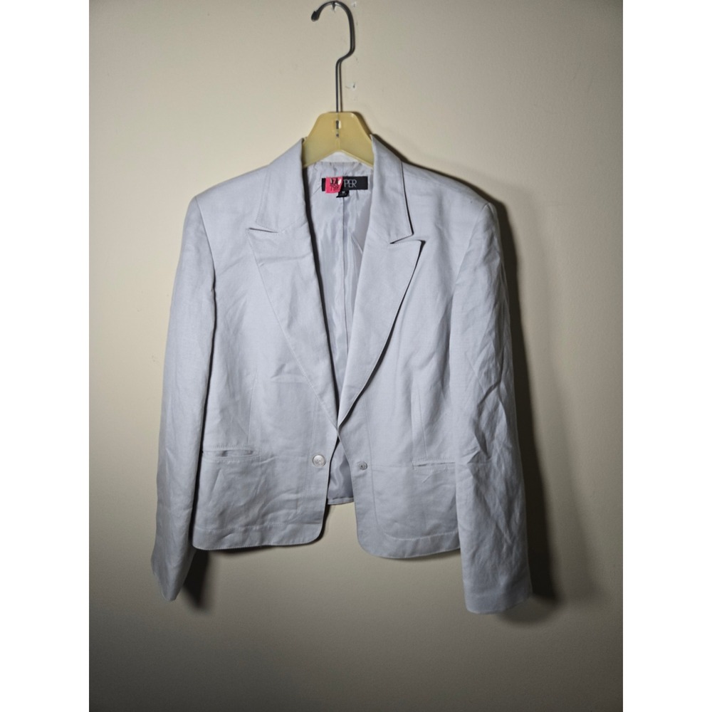 Kasper Blazer Women 10 Grey Good Linen Blend Single Button Professional Office